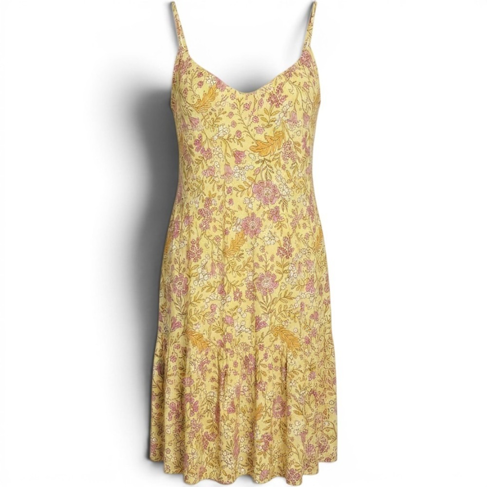 Old Navy Women Boho Cami Dress Cotton Rayon Floral Tiered Ruffle Yellow Size M